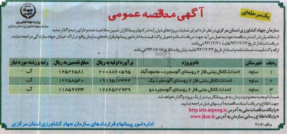 آگهی مناقصه عمومی یک مرحله ای , مناقصه احداث کانال بتنی فاز 2 روستای...