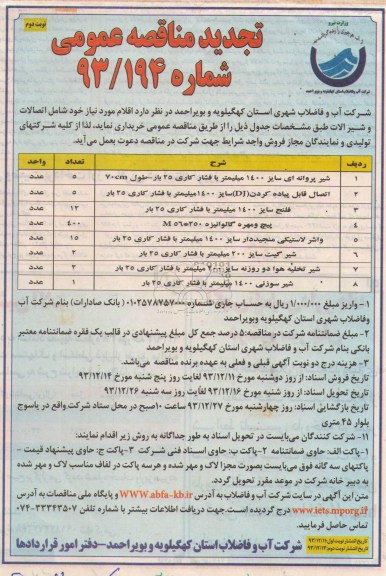 تجدید مناقصه , تجدید مناقصه شیر پروانه ای سایز 1400 میلیمتر 