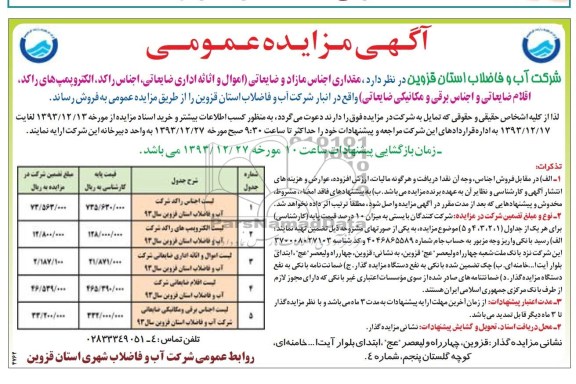 مزایده عمومی , مزایده عمومی مقداری اجناس مازاد و ضایعاتی