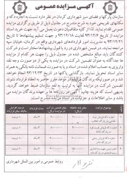 آگهی مزایده عمومی, آگهی مزایده عمومی اجاره دکه فروش مواد غذایی