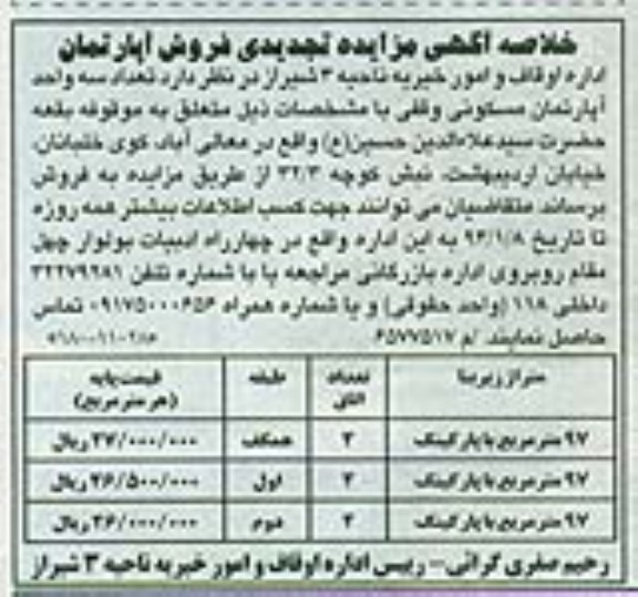 مزایده,سه واحد اپارتمان مسکونی