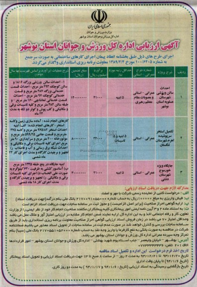 آگهی ارزیابی, مناقصه احداث سالن ورزشی 