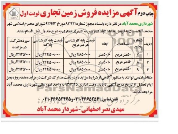 مزایده,سه پلاک زمین تجاری