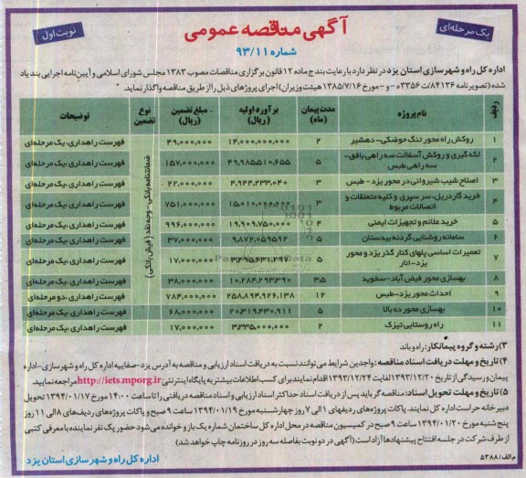 آگهی مناقصه عمومی یک مرحله ای, مناقصه روکش راه محور تنگ حوضکی