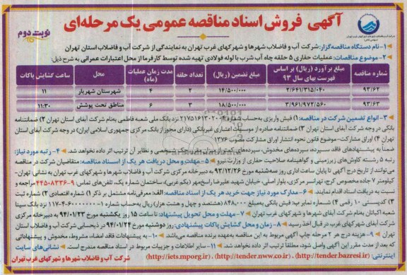 آگهی فروش اسناد مناقصه عمومی یک مرحله ای , مناقصه عملیات حفاری
