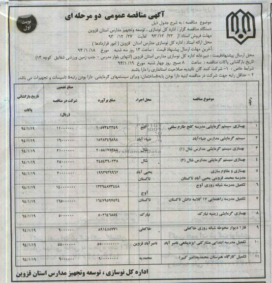 آگهی مناقصه عمومی دو مرحله ای , مناقصه بهسازی سیستم گرمایشی مدرسه 