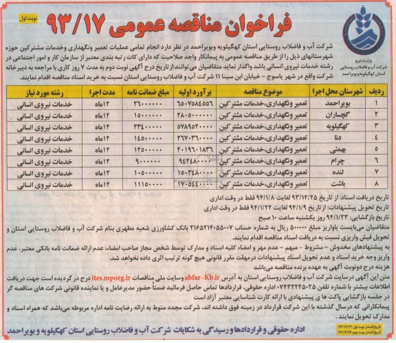 فراخوان مناقصه عمومی , فراخوان مناقصه عمومی تعمیر و نگهداری ، خدمات مشترکین
