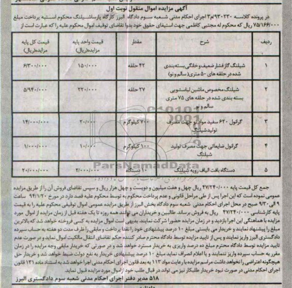 مزایده اموال منقول , مزایده اموال منقول شیلنگ گاز فشار ضعیف و خانگی