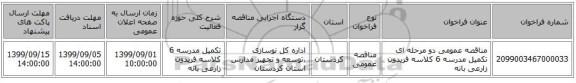 مناقصه عمومی دو مرحله ای تکمیل مدرسه 6 کلاسه فریدون زارعی بانه 