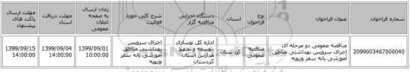 مناقصه عمومی دو مرحله ای اجرای سرویس بهداشتی مناطق آموزشی بانه سقز وزیویه