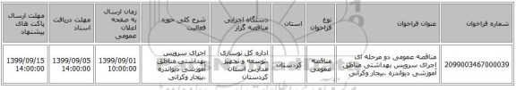 مناقصه عمومی دو مرحله ای اجرای سرویس بهداشتی مناطق آموزشی دیواندره ،بیجار وکرانی