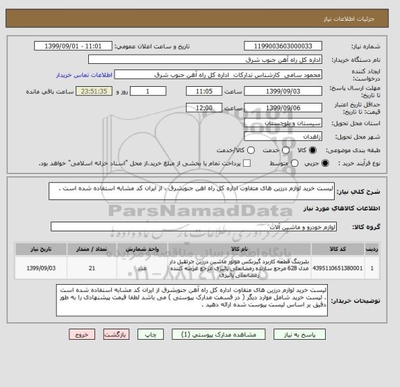 استعلام لیست خرید لوازم درزین های متفاوت اداره کل راه اهن جنوبشرق . از ایران کد مشابه استفاده شده است . 