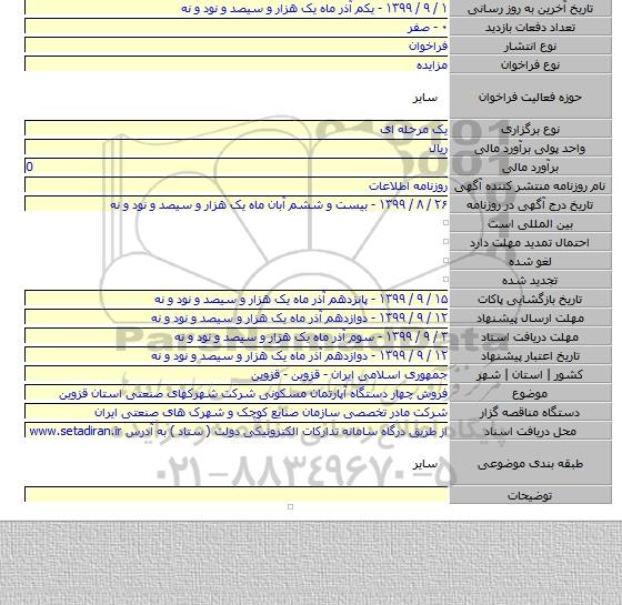 فروش چهار دستگاه آپارتمان مسکونی شرکت شهرکهای صنعتی استان قزوین