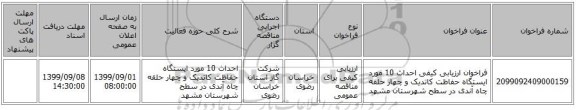 فراخوان ارزیابی کیفی احداث 10 مورد ایستگاه حفاظت کاتدیک و چهار حلقه چاه آندی در سطح شهرستان مشهد