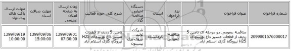 مناقصه عمومی دو مرحله ای تامین 5 ردیف از قطعات مسیر داغ توربینهای H25 نیروگاه گازی اسلام آباد