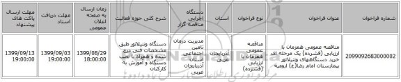 مناقصه عمومی همزمان با ارزیابی (فشرده) یک مرحله ای خرید دستگاههای ونتیلاتور بیمارستان امام رضا(ع) ارومیه