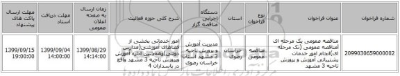 مناقصه عمومی یک مرحله ای lمناقصه عمومی (تک مرحله ای)انجام امور خدمات پشتیبانی آموزش و پرورش ناحیه 3 مشهد