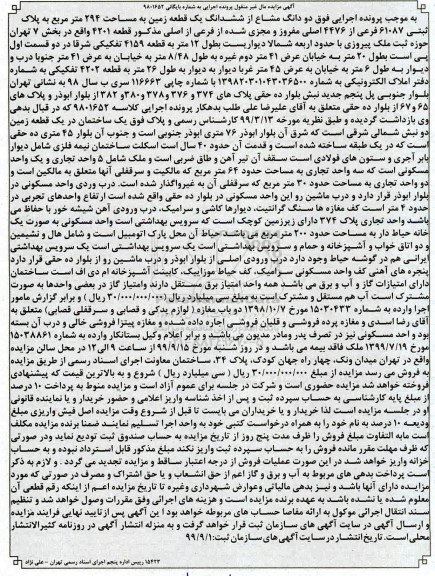 مزایده  مزایده دو دانگ مشاع از ششدانگ یک قطعه زمین 294 مترمربع