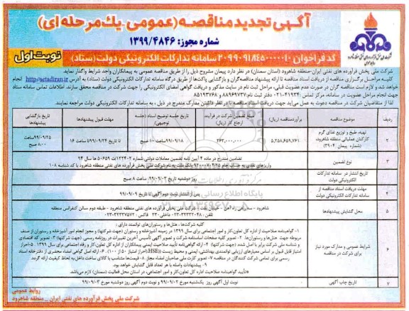 تجدید مناقصه, تجدید مناقصه تهیه، طبخ و توزیع غذای گرم کارکنان عملیاتی 