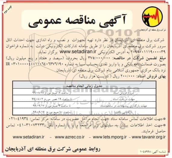 مناقصه تهیه تجهیزات و نصب و راه اندازی جهت احداث اتاق سرور نوبت دوم 