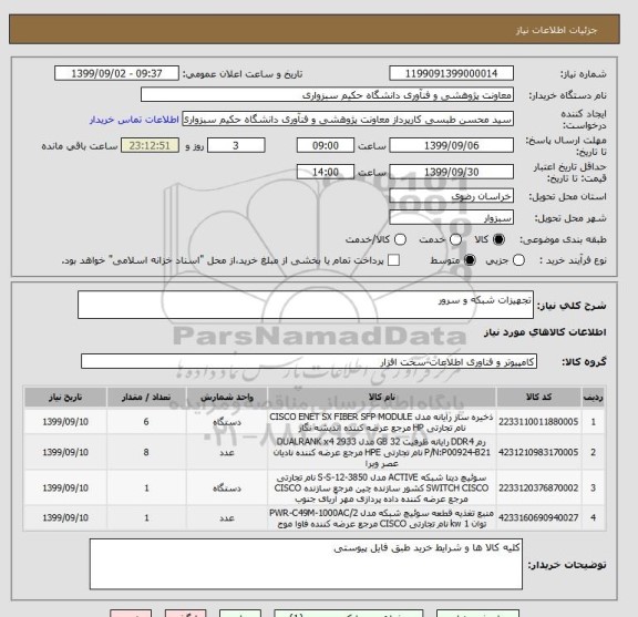 استعلام تجهیزات شبکه و سرور