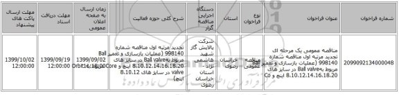 مناقصه عمومی یک مرحله ای تجدید مرتبه اول مناقصه شماره 998140 (عملیات بازسازی و تعمیر Ball مربوط بهBall valve در سایز های 8،10،12،14،16،18،20 اینچ و Co