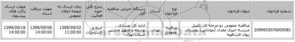 مناقصه عمومی دو مرحله ای تکمیل مدرسه خیری مقداد (موجانی) روستای زیوان فشافویه