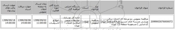 مناقصه عمومی دو مرحله ای احداث سالن ورزشی مدرسه امام حسین علیه السلام( خیری کدخدایی ) مسعودیه منطقه 15 تهران