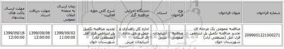 مناقصه عمومی یک مرحله ای تجدید مناقصه تکمیل پل ارتباطی قزل آغل (مصطفی آباد) شهرستان خوی