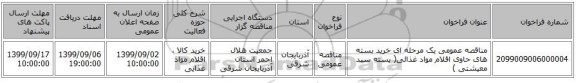 مناقصه عمومی یک مرحله ای خرید بسته های حاوی اقلام مواد غذائی( بسته سبد معیشتی )