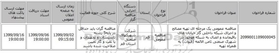 مناقصه عمومی یک مرحله ای تهیه مصالح و اجرای شبکه داخلی گاز خیابان های باقیمانده و اتصال به شبکه موجود در شهرک صنعتی ثامن الائمه (قنوات) به همراه تهیه 