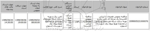 مناقصه عمومی همزمان با ارزیابی (فشرده) یک مرحله ای تامین برق و بهینه سازی شبکه طرح های روستایی در محدوده توزیع نیروی برق شهرستان اشتهارد