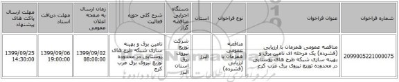 مناقصه عمومی همزمان با ارزیابی (فشرده) یک مرحله ای تامین برق و بهینه سازی شبکه طرح های روستایی در محدوده توزیع نیروی برق   غرب کرج