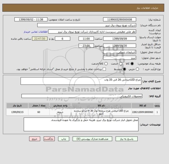 استعلام چراغ LEDخیابانی 26 الی 35 وات