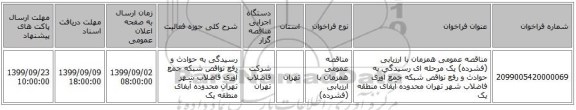 مناقصه عمومی همزمان با ارزیابی (فشرده) یک مرحله ای رسیدگی به حوادث و رفع نواقص شبکه جمع آوری فاضلاب شهر تهران محدوده آبفای منطقه یک 