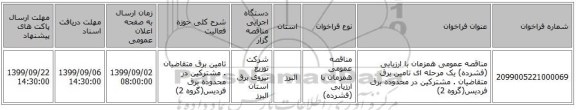 مناقصه عمومی همزمان با ارزیابی (فشرده) یک مرحله ای تامین برق متقاضیان . مشترکین در محدوده برق فردیس(گروه 2)