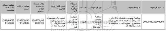 مناقصه عمومی همزمان با ارزیابی (فشرده) یک مرحله ای تامین برق متقاضیان . مشترکین در محدوده برق فردیس(گروه 1)