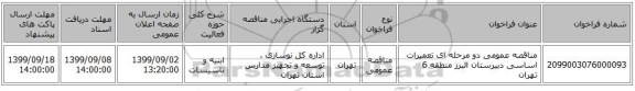 مناقصه عمومی دو مرحله ای تعمیرات اساسی دبیرستان البرز منطقه 6 تهران