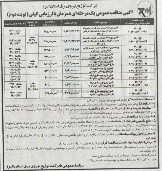 مناقصه عمومی , مناقصه تامین برق متقاضیان و مشترکین در محدوده مدیریت توزیع ... نوبت دوم 