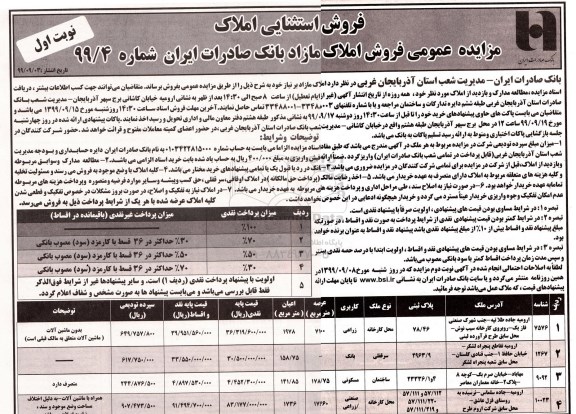 مزایده،  مزایده فروش املاک مازاد نوبت اول