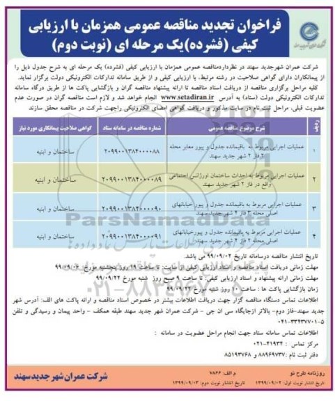 فراخوان مناقصه عملیات اجرایی مربوط به باقیمانده جدول ... تجدید نوبت دوم 