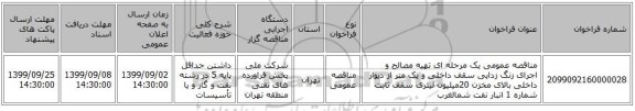 مناقصه عمومی یک مرحله ای تهیه مصالح و اجرای زنگ زدایی سقف داخلی و یک متر از دیوار داخلی بالای مخزن 20میلیون لیتری سقف ثابت شماره 1 انبار نفت شمالغرب