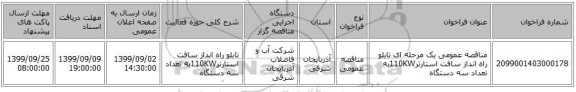 مناقصه عمومی یک مرحله ای تابلو راه انداز سافت استارتر110KWبه تعداد سه دستگاه