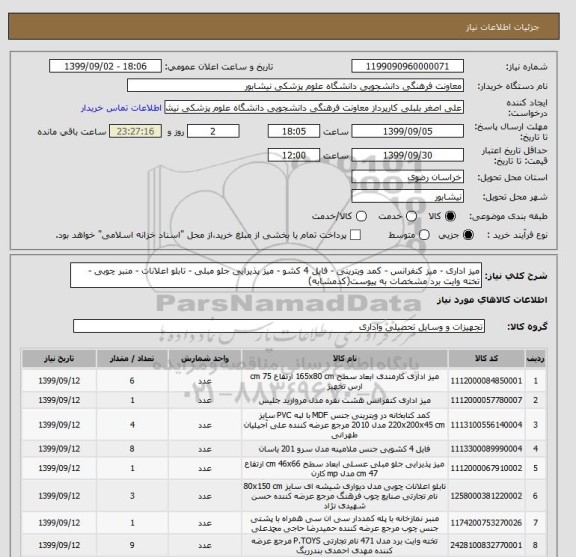 استعلام میز اداری - میز کنفرانس - کمد ویترینی - فایل 4 کشو - میز پذیرایی جلو مبلی - تابلو اعلانات - منبر چوبی - تخته وایت برد مشخصات به پیوست(کدمشابه)