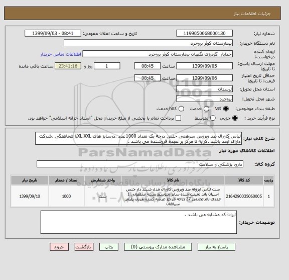 استعلام لباس کاورال ضد ویروس سرهمی حنس درجه یک تعداد 1000عدد .درسایز های XL.XXLبا هماهنگی .شرکت دارای آیمد باشد .کرایه تا مرکز بر عهده فروشنده می باشد .