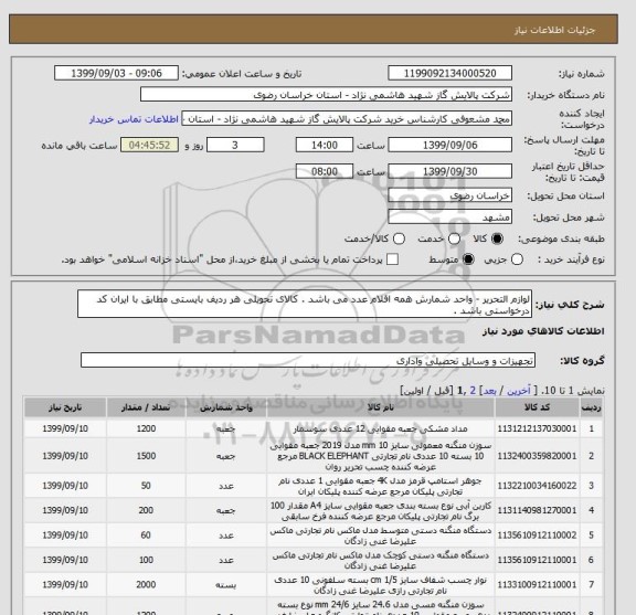 استعلام لوازم التحریر - واحد شمارش همه اقلام عدد می باشد . کالای تحویلی هر ردیف بایستی مطابق با ایران کد درخواستی باشد . 