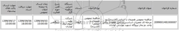 مناقصه عمومی همزمان با ارزیابی (فشرده) دو مرحله ای تعمیرات اساسی و تأمین قطعات یدکی  واحد دو بخار نیروگاه شهید بهشتی لوشان
