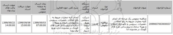 مناقصه عمومی یک مرحله ای  انجام کلیه عملیات مربوط به رفع اتفاقات ،تعمیرات، سرویس و نگهداری، اصلاح و بهینه سازی و نیرورسانی طرح های کوچک در محدوده ادا