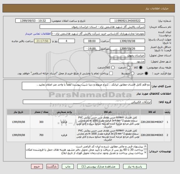 استعلام دو قلم کابل افشان مطابق ایرانکد ، شرح مربوط و دیتا شیت پیوست لطفاً با واحد متر اعلام نمایید .