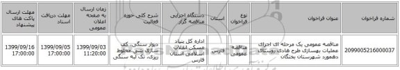 مناقصه عمومی یک مرحله ای اجرای عملیات بهسازی طرح هادی روستای دهمورد شهرستان بختگان